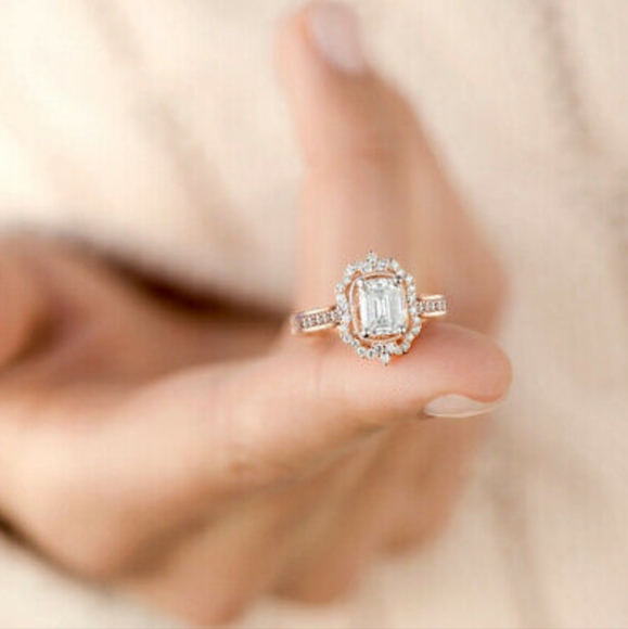 Romantic Rose Gold Emerald Cut Halo Engagement Ring: Christmas Sale - Picture 4 of 5